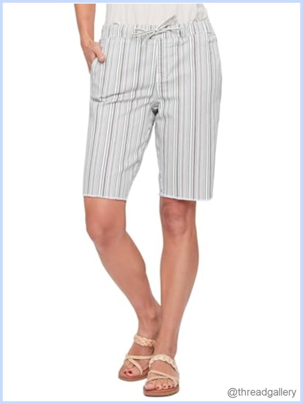 High Rise Bermuda Shorts Elastic Waist Fray Hem Cotton Blend